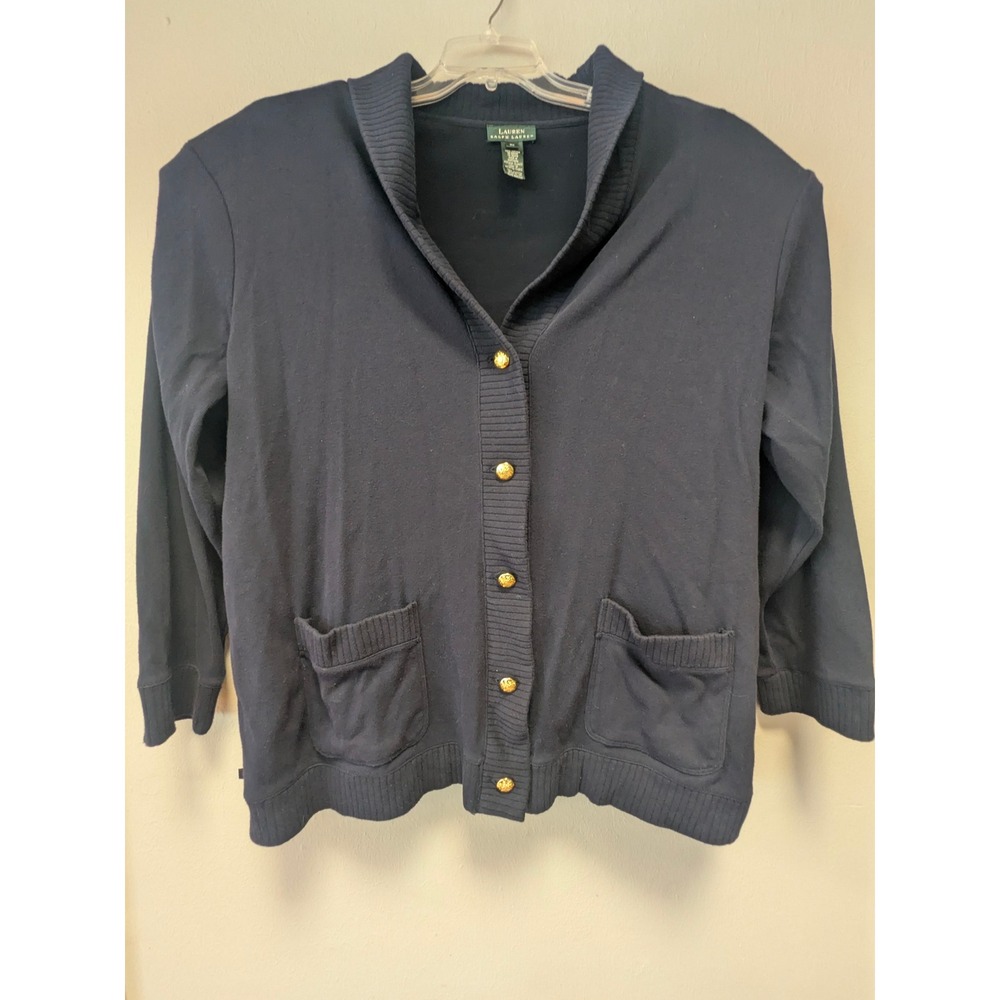 Lauren Ralph Lauren Cardigan Women XL Navy Blue Gold Button Shawl READ has flaw